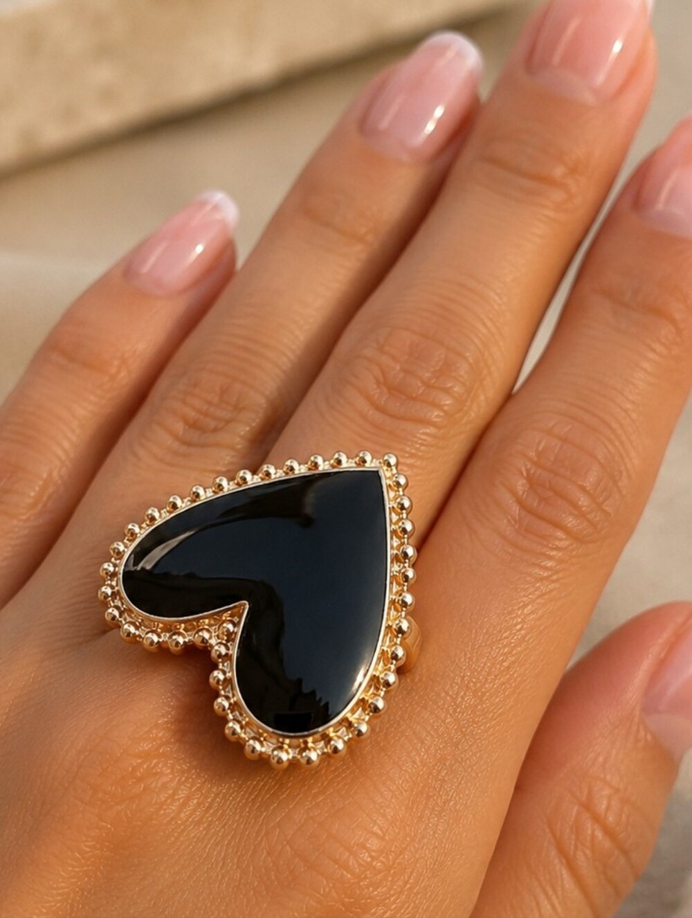 Oversized Gold and Black Heart Adjustable Statement Ring